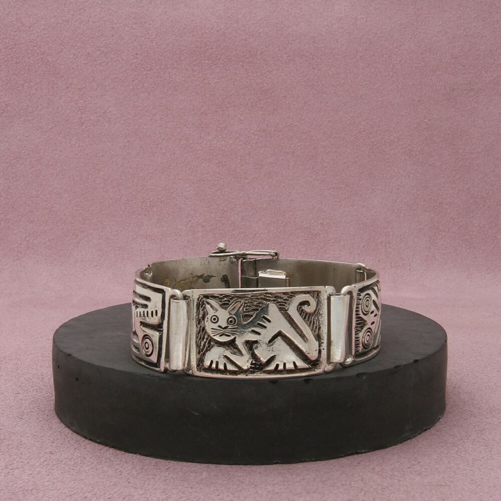 900 silver vintage ecuador cat fish frog panel link bracelet size 6.5in